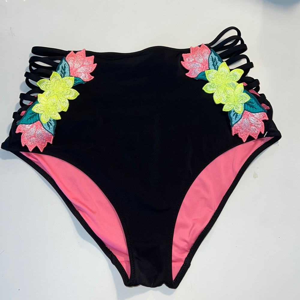 Pink VS swim bottoms high waisted with side details and flower appliqués